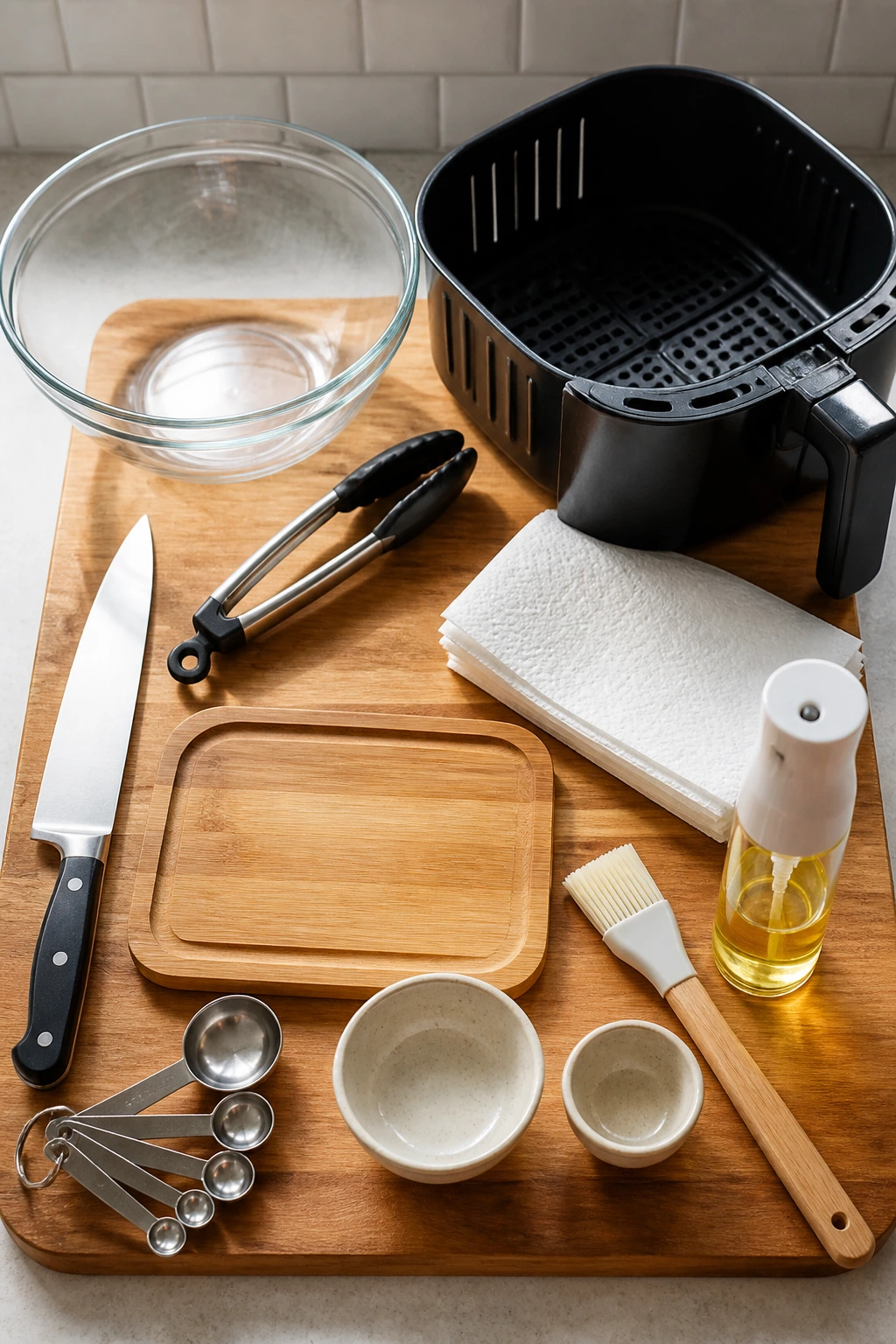 Top-down view of essential air-fryer cooking tools