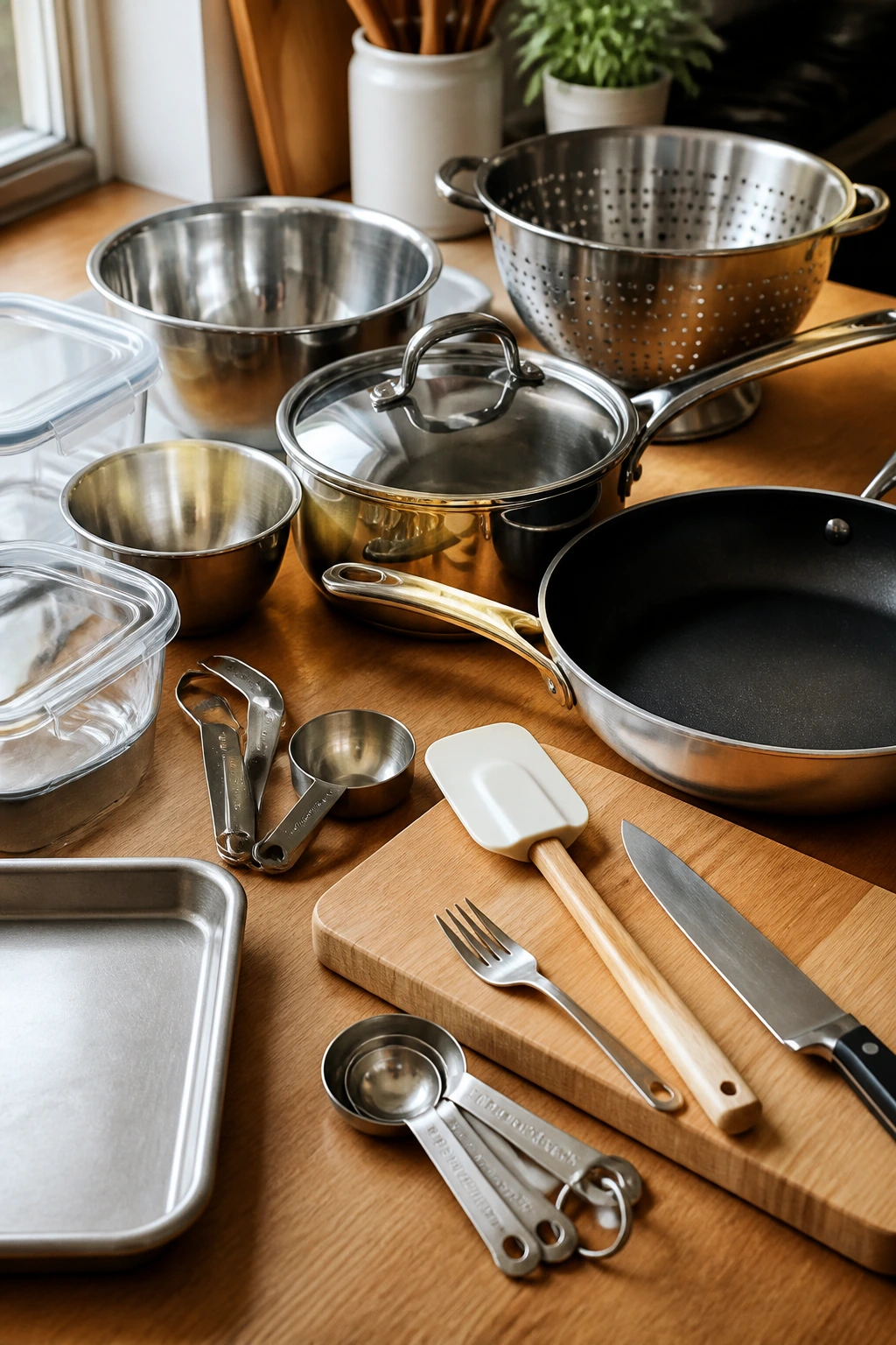 Close-up of essential kitchen equipment arranged on a counter
