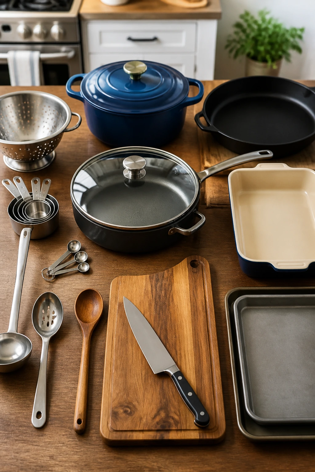 Top-down view of essential kitchen equipment on a counter
