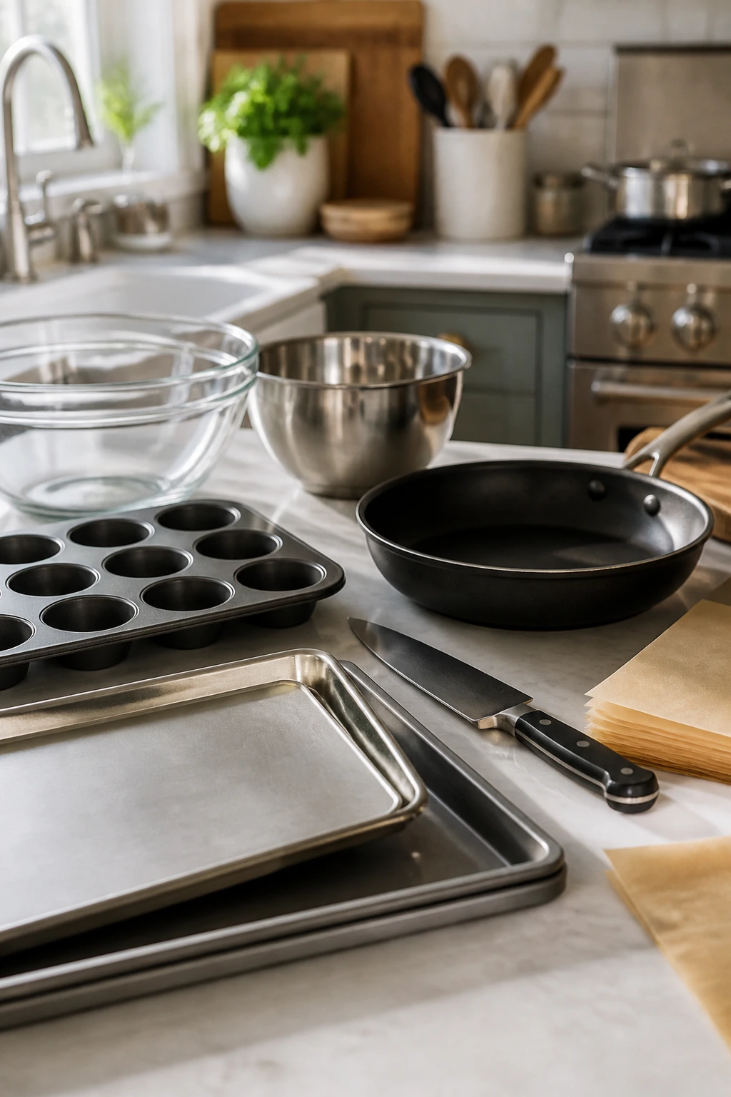 Essential kitchen equipment arranged on a counter