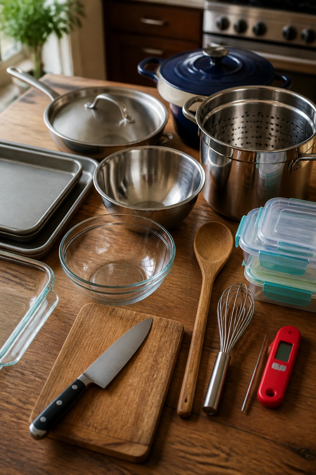 Top-down view of essential cooking equipment arranged on a wooden counter