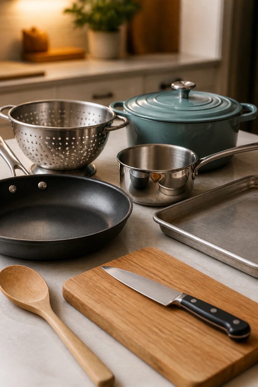 Core kitchen tools for budget dinners arranged on countertop