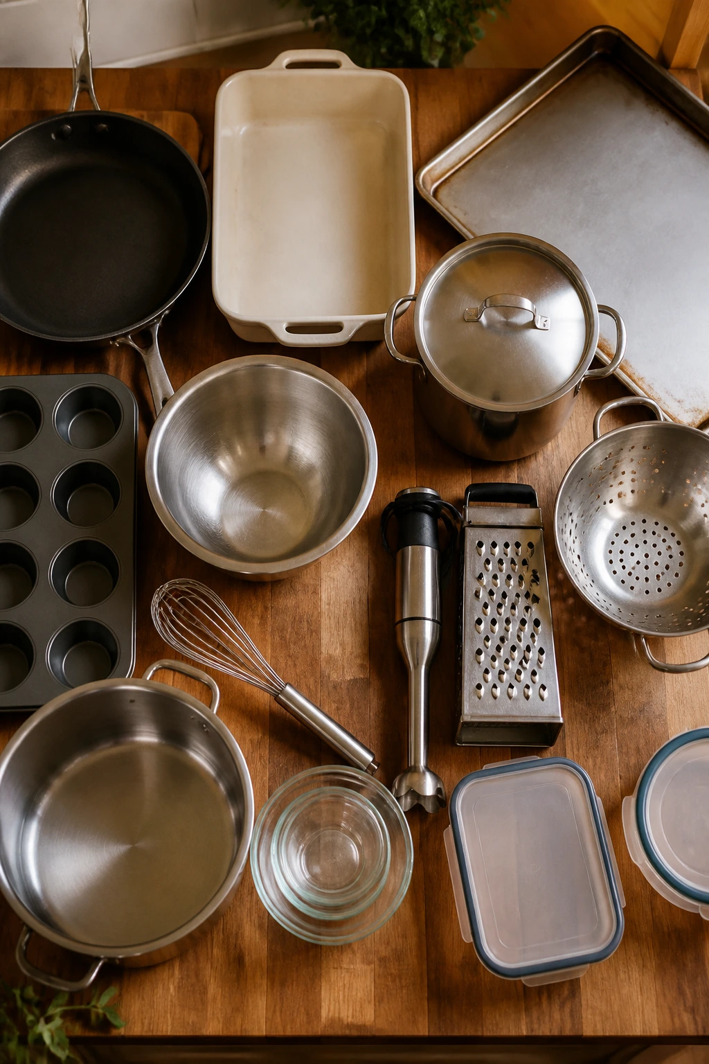 Top-down view of essential kitchen equipment arranged on a counter