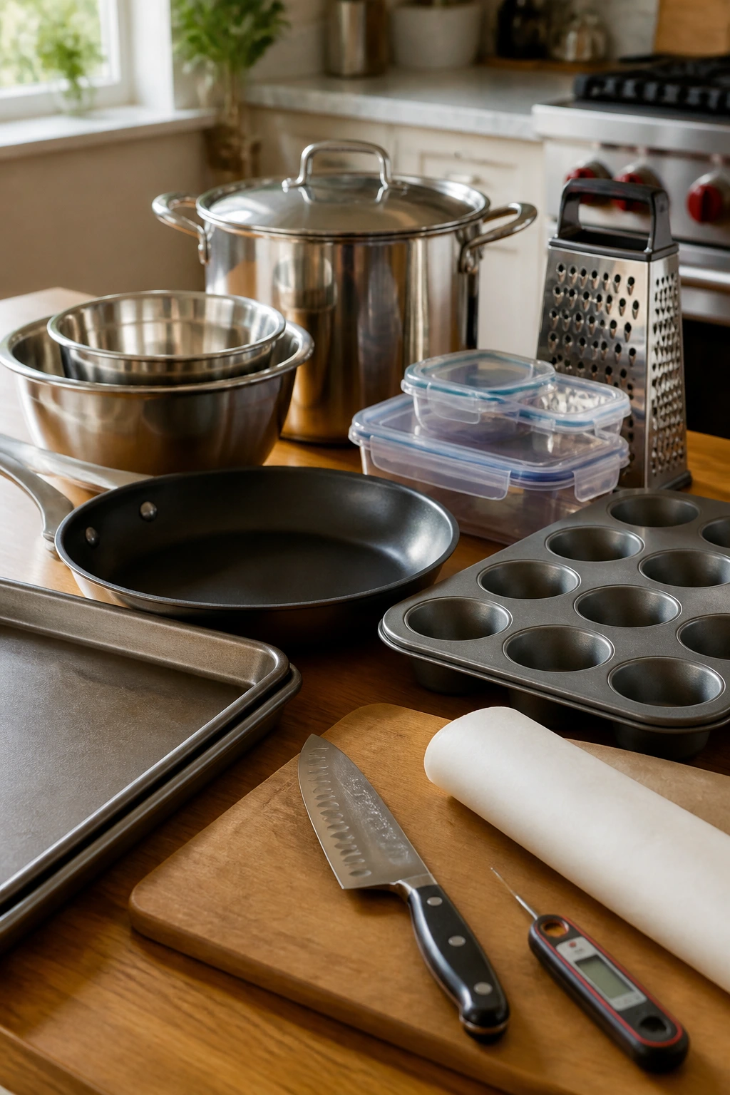 Close-up of essential kitchen tools on a wooden counter.