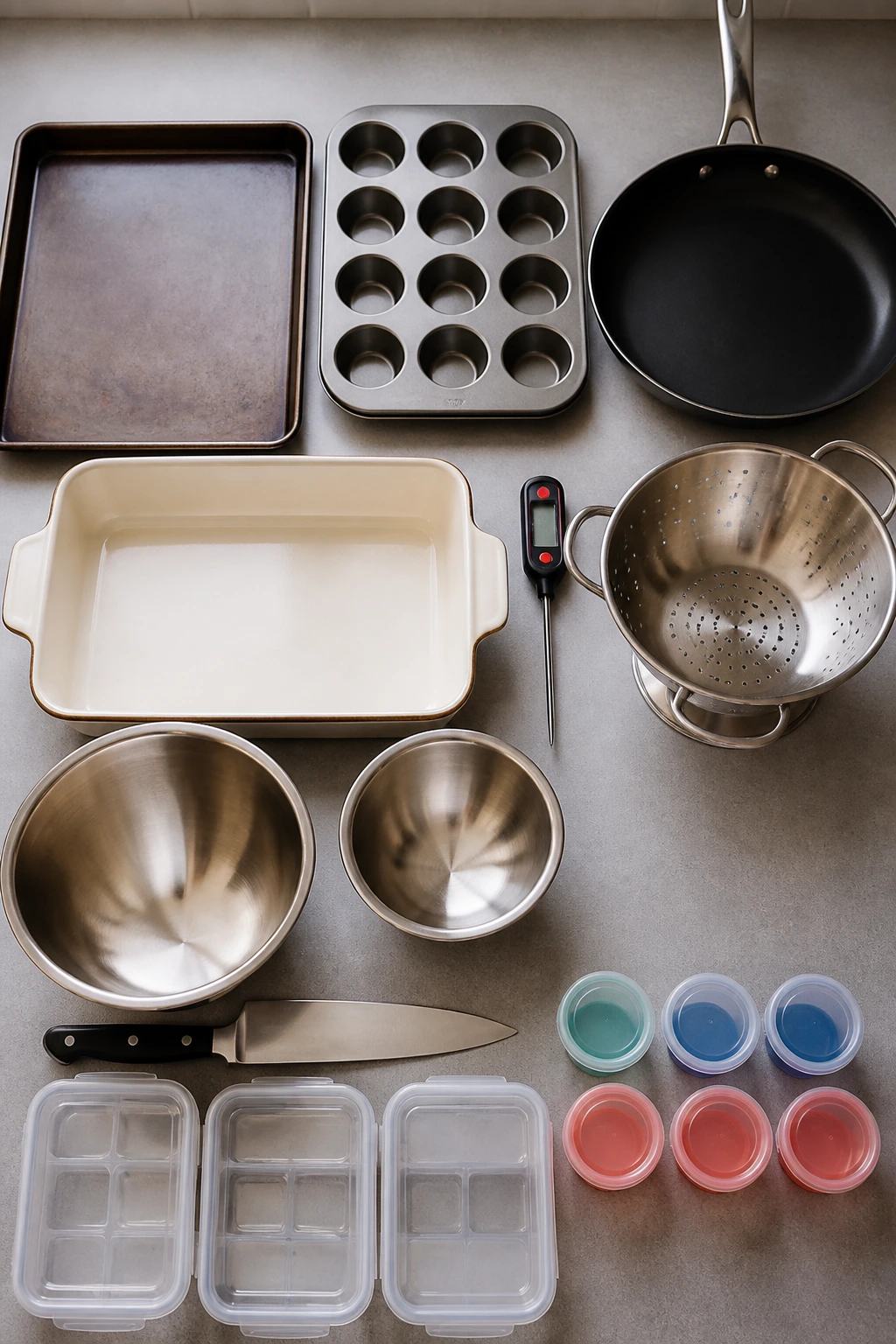Top-down view of essential kitchen tools arranged on a counter