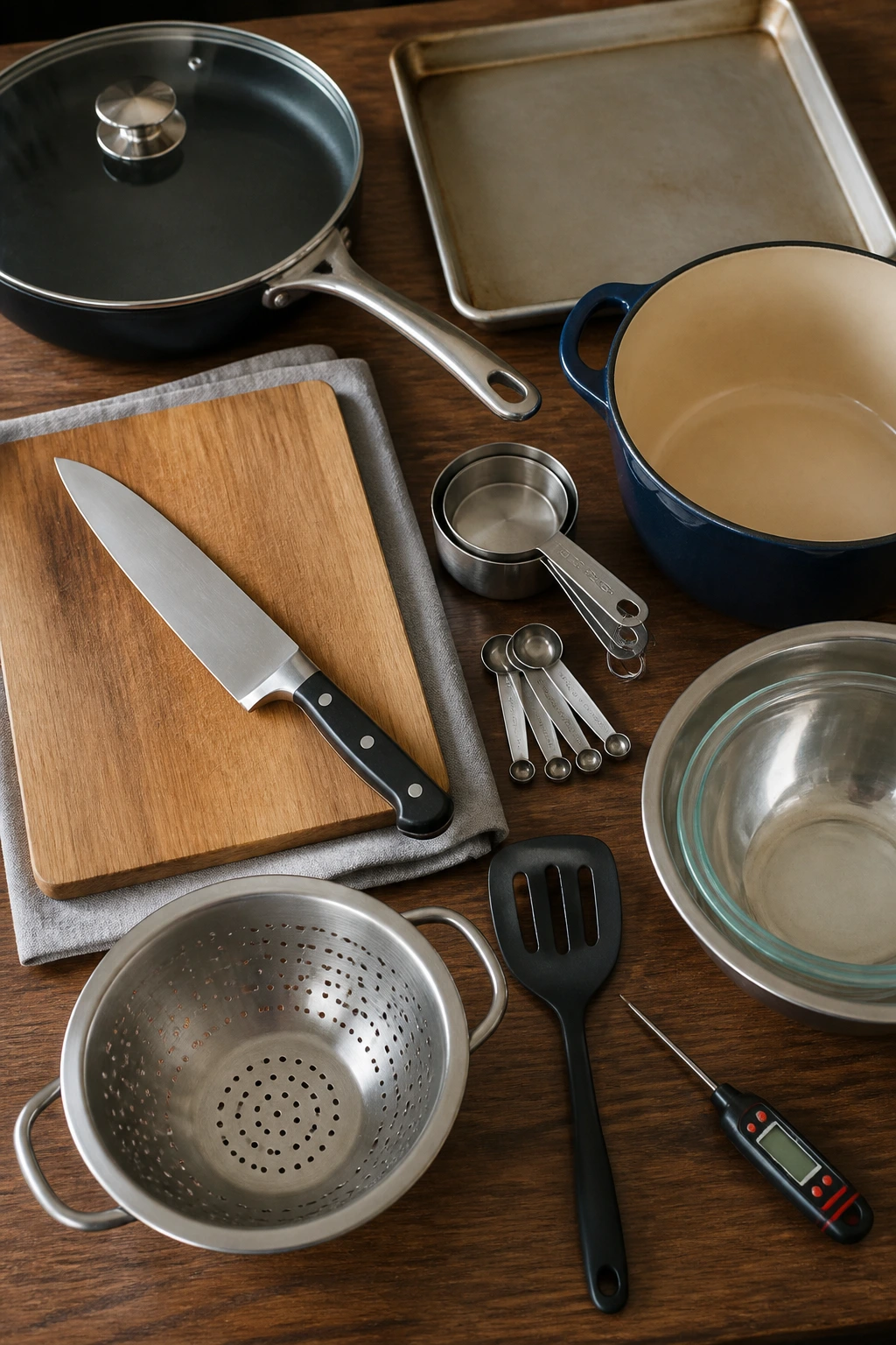 Close-up of essential kitchen equipment on wooden counter