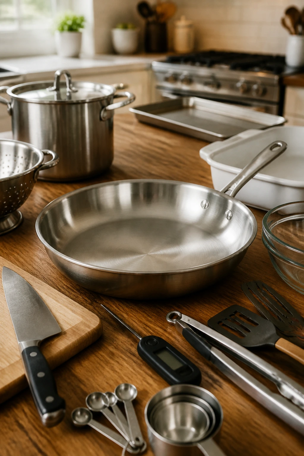 Close-up of a 12-inch skillet with essential kitchen tools in a cozy home kitchen.