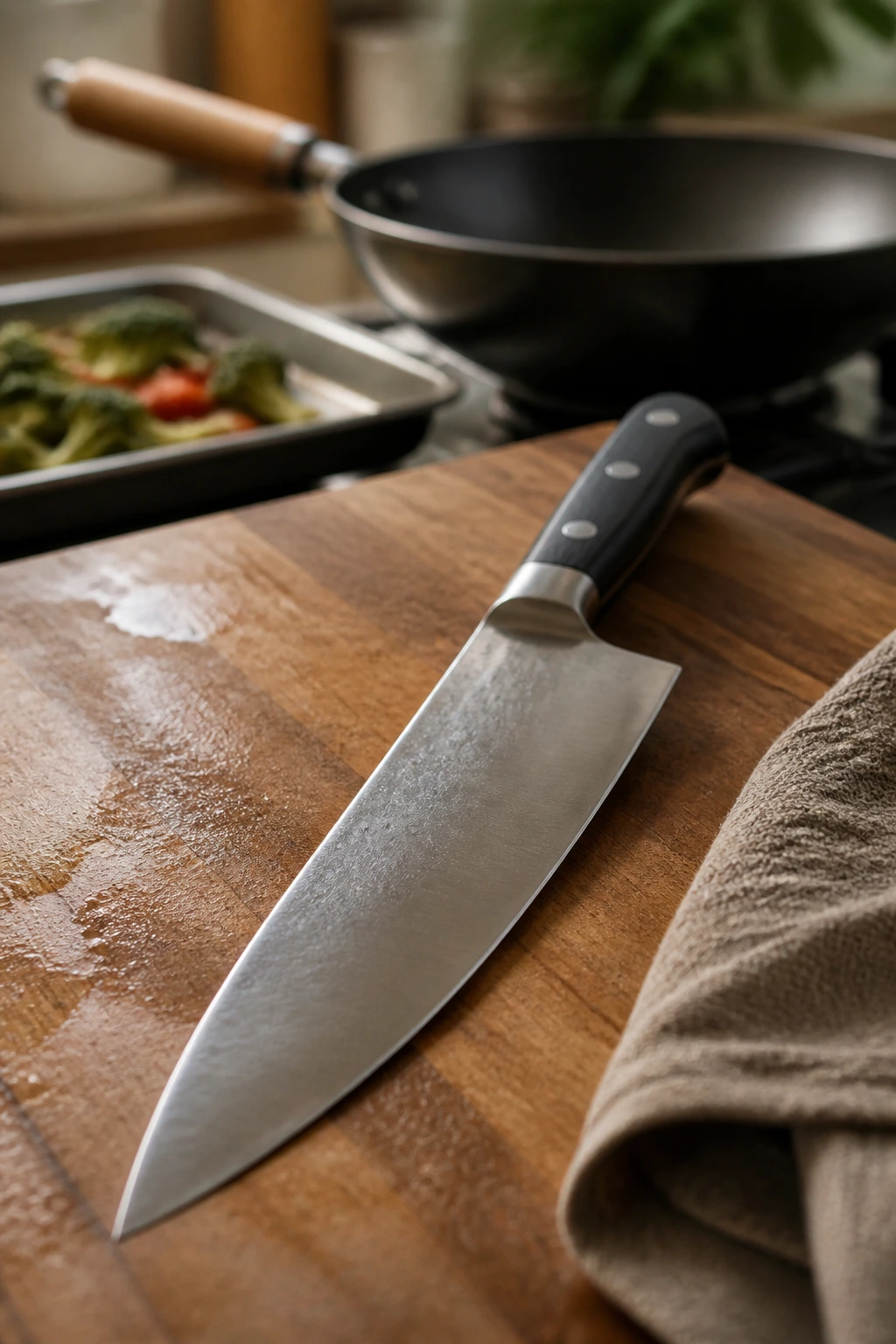 Close-up of a sharp chef's knife on a cutting board in a warm kitchen, highlighting essential equipment
