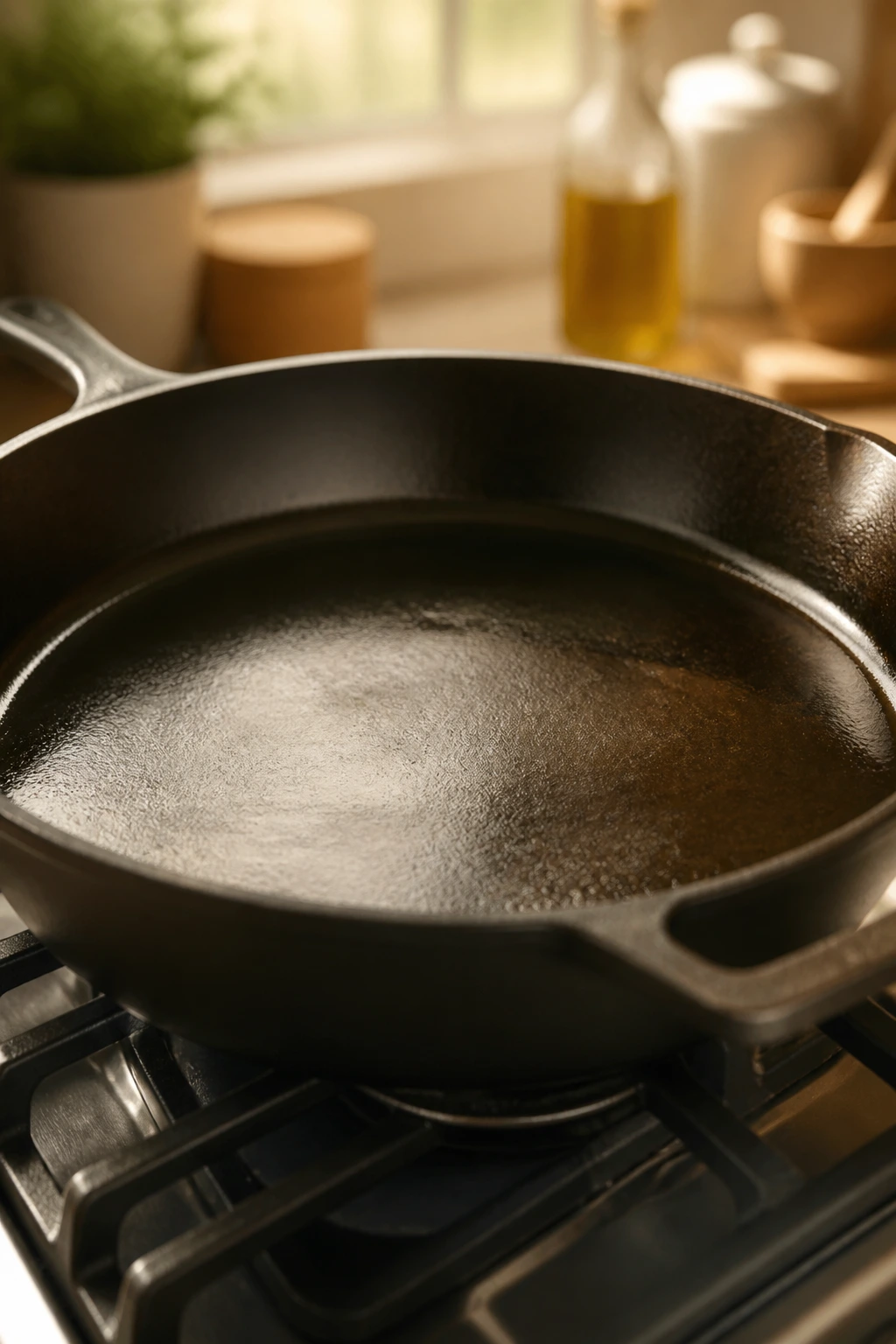 Large skillet filling the frame on a stove in a warm kitchen