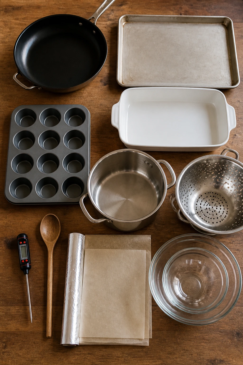 Collection of essential kitchen tools arranged on a counter