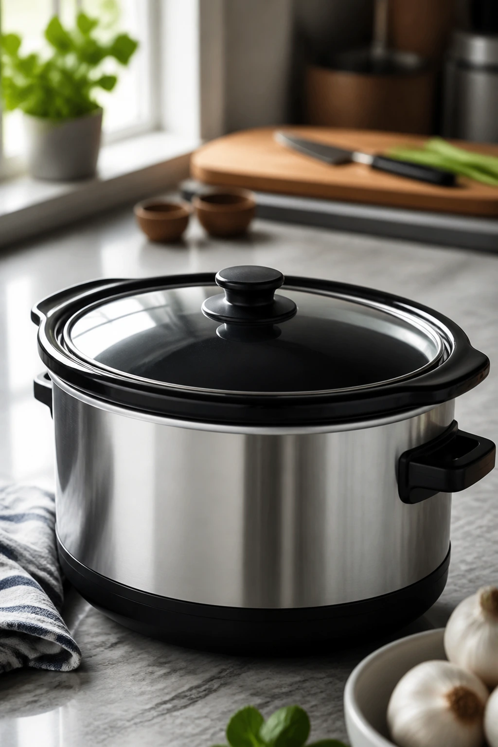 Slow cooker center stage with kitchen tools blurred in background