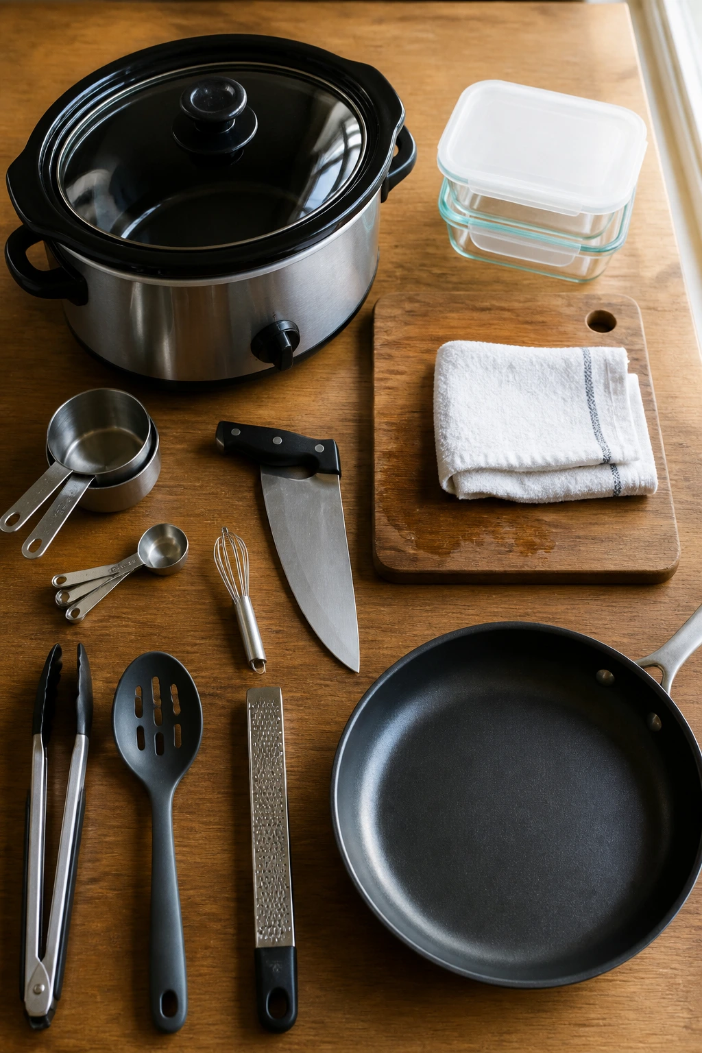 Top-down arrangement of essential cooking tools for slow cooker Chinese recipes
