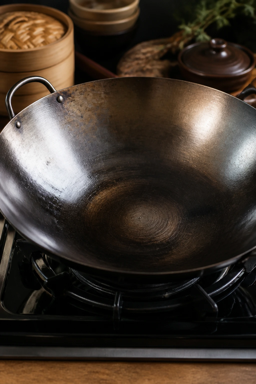 Close-up of a large wok dominating the frame on a stove