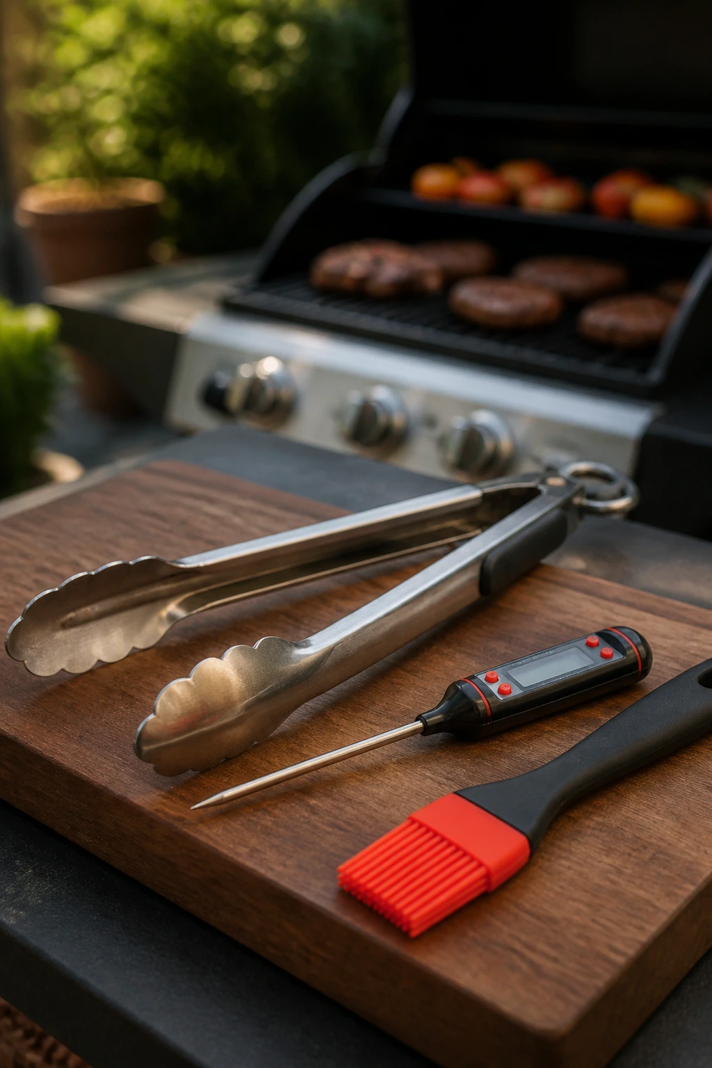 Set of essential grilling tools on a cutting board for marinated grilling