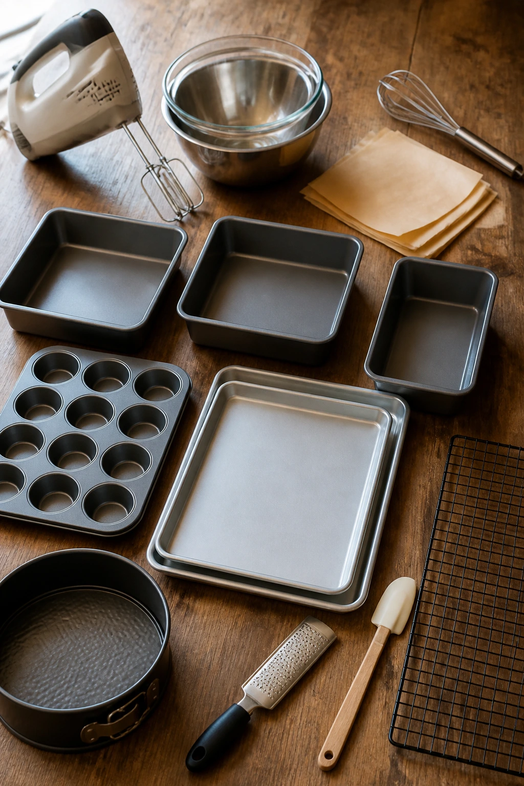 Top-down view of essential keto baking tools arranged on a wooden surface