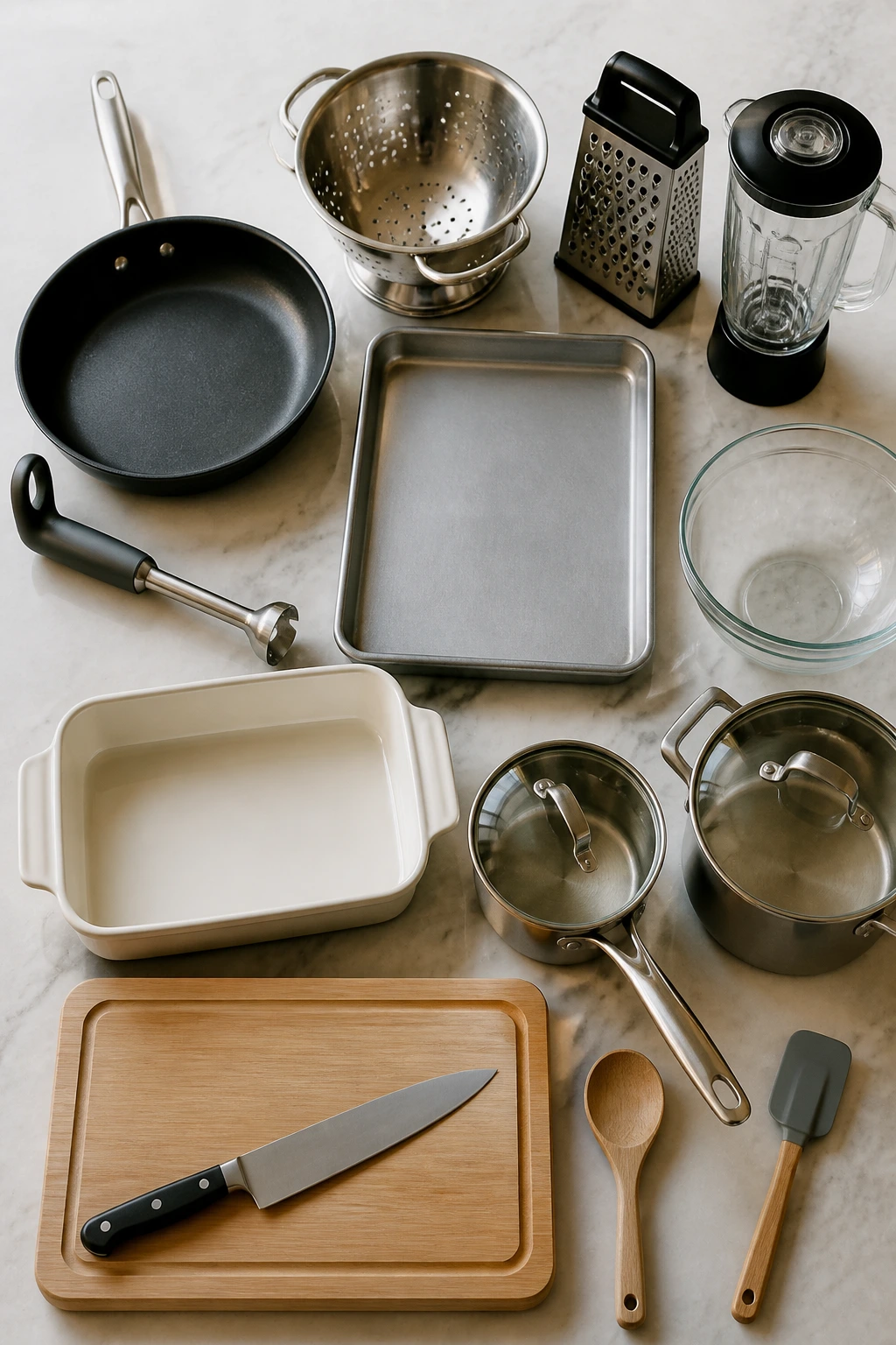 Top-down view of essential kitchen equipment laid out on counter