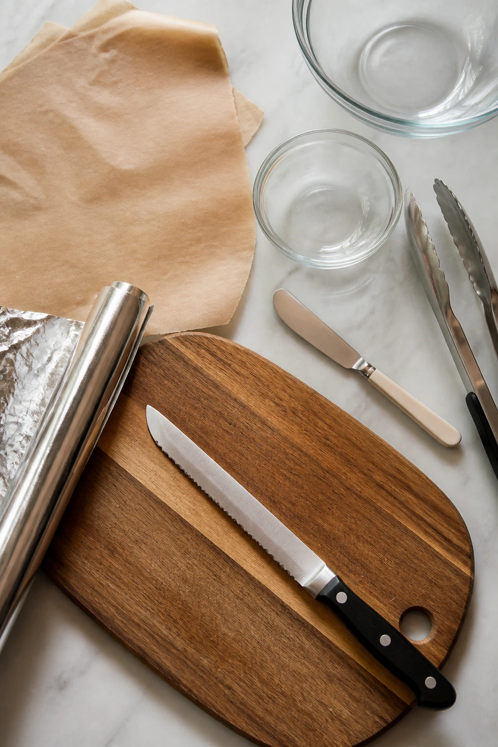 Top-down view of essential sandwich equipment on a kitchen counter