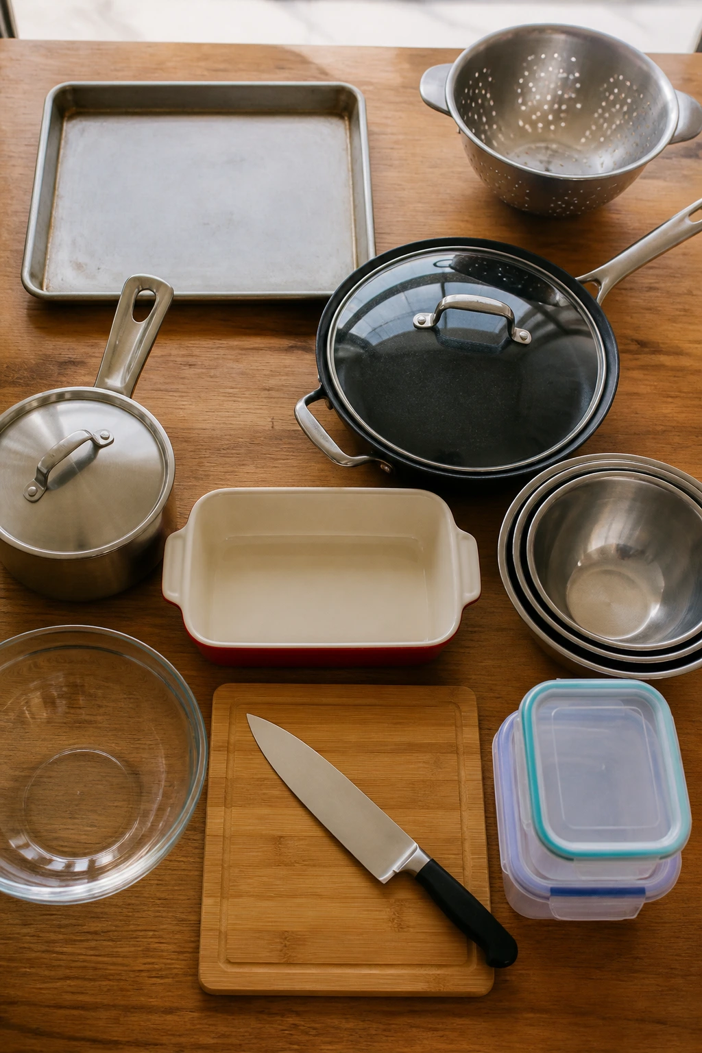Collection of essential kitchen equipment on a countertop