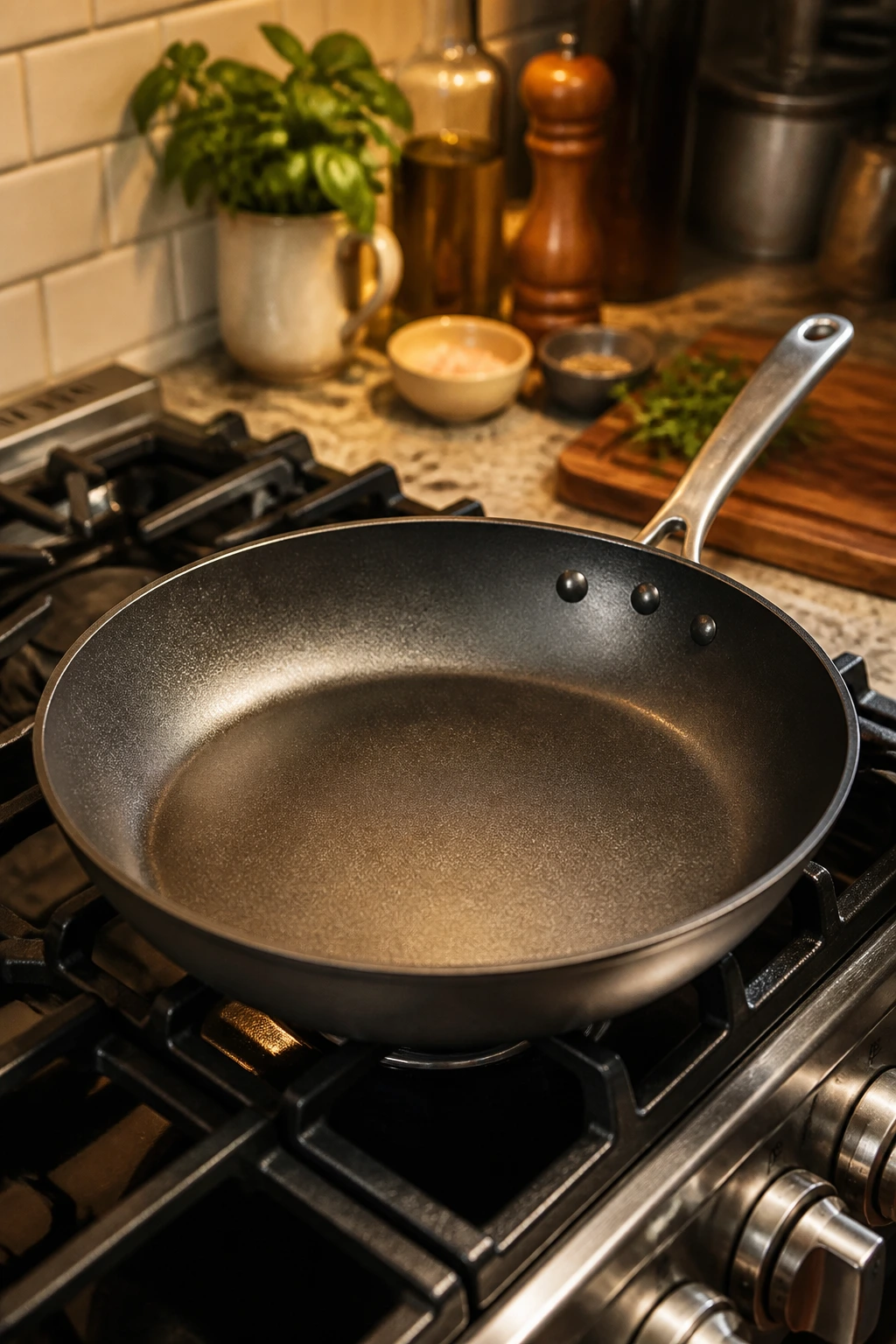 Close-up of a 12-inch skillet on a stove in a kitchen
