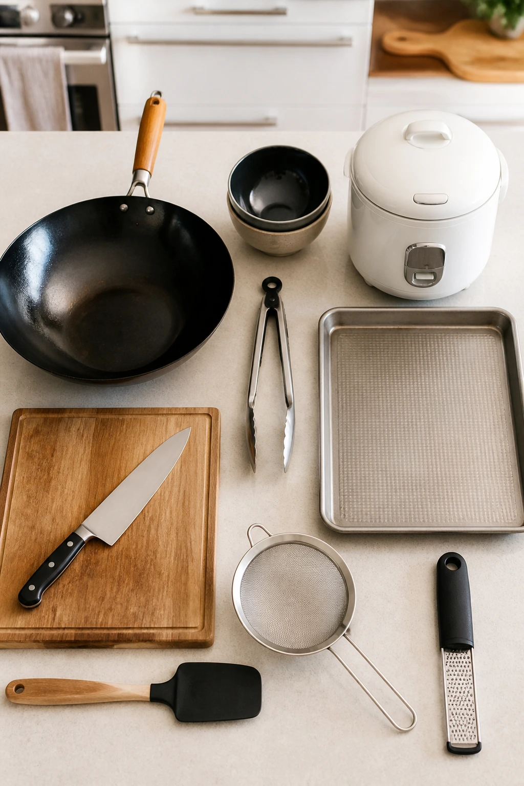 Essential Asian cooking tools arranged on a counter