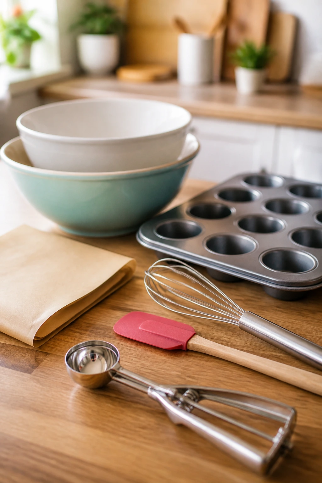 Close-up of essential kitchen tools on a wooden counter