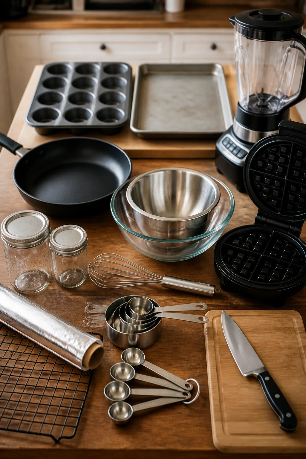 Close-up of essential breakfast tools neatly arranged on a counter