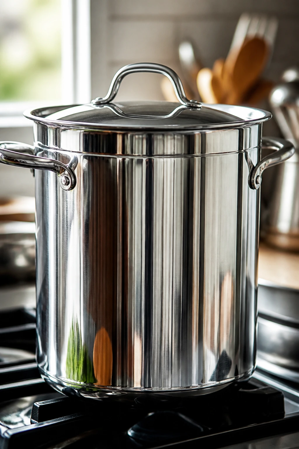 Close-up of a shiny stockpot dominating the frame in a bright kitchen