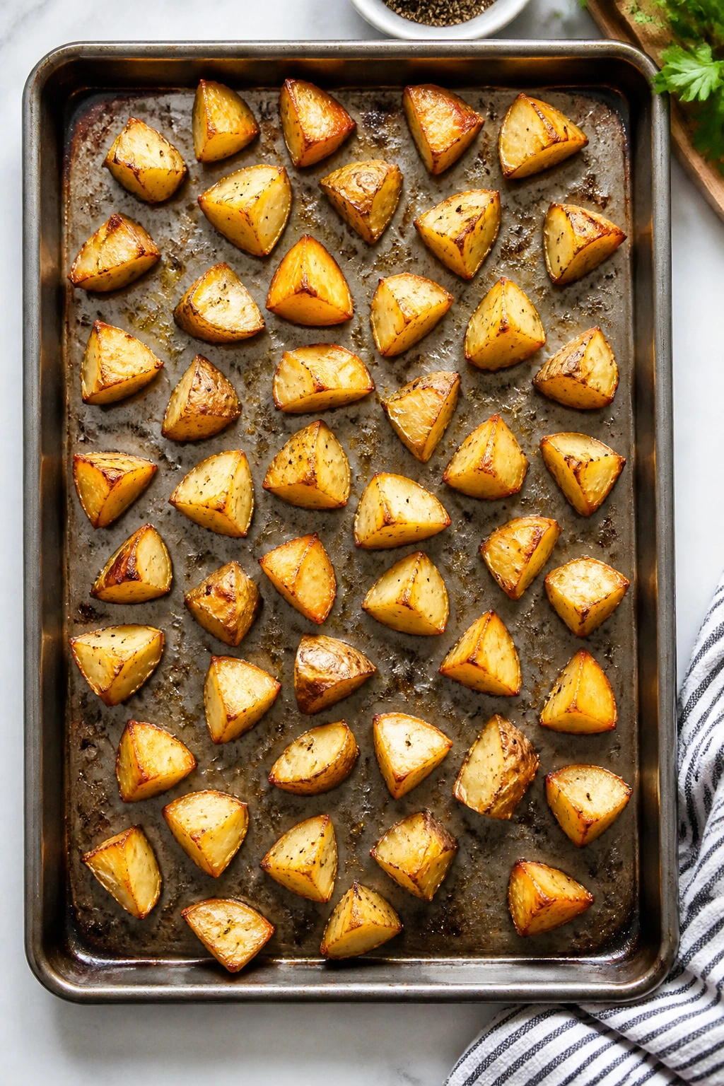 Sheet pan with evenly spaced potato pieces ready to roast