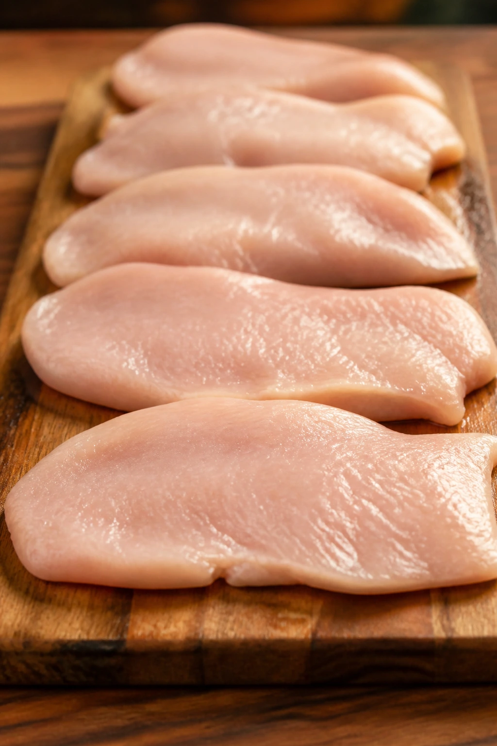 Evenly thick chicken cutlets on a cutting board