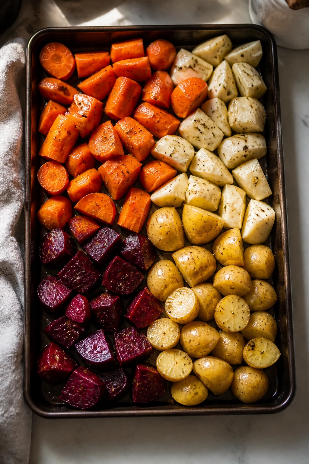 Tray of evenly cut vegetables ready to roast