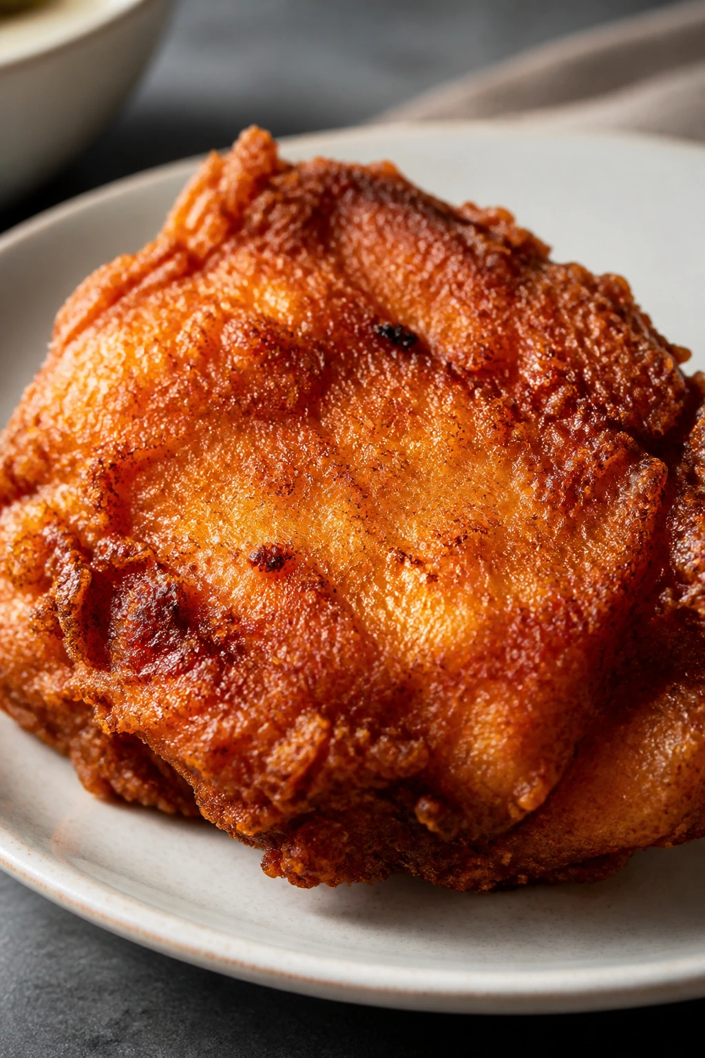 Extra-crisp fried chicken thigh on plate