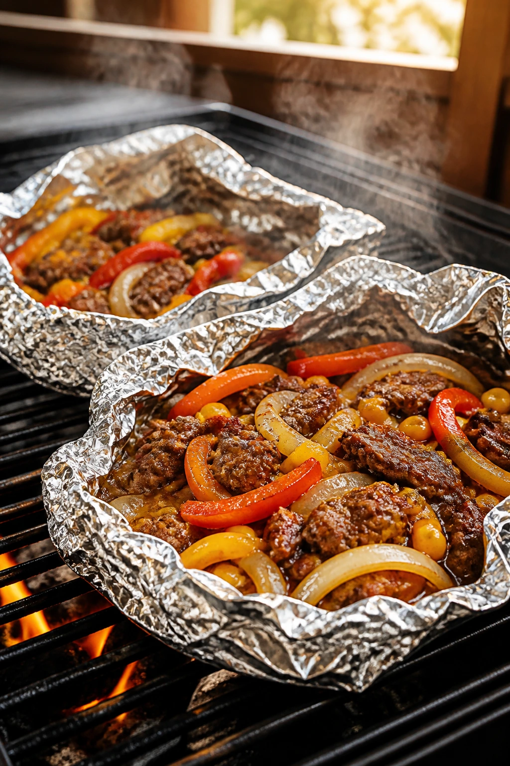 Close-up of fajita beef foil packets on grill with peppers and corn