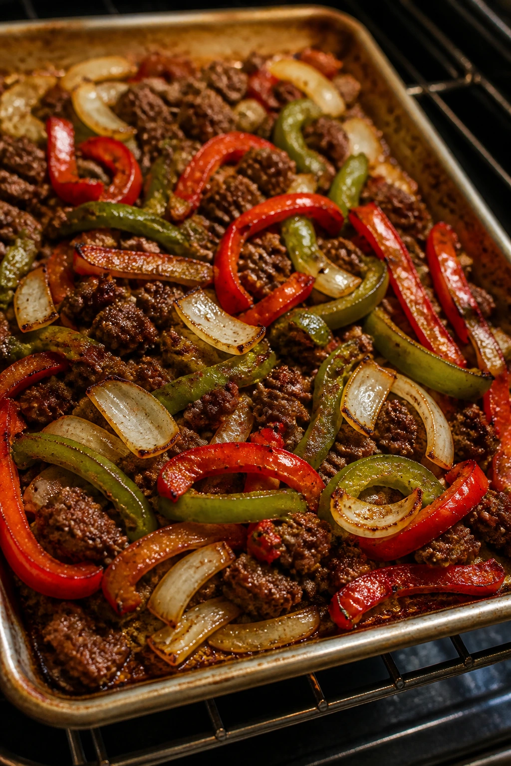 Close-up of sheet pan fajita beef with peppers and onions