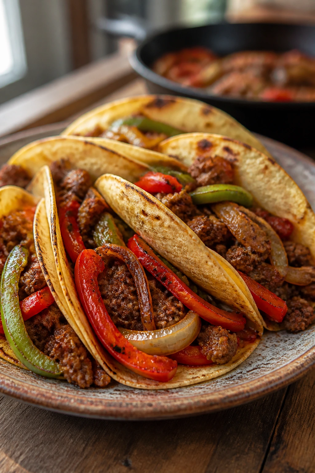 Close-up of fajita-style ground beef tacos with peppers and onions on a rustic plate