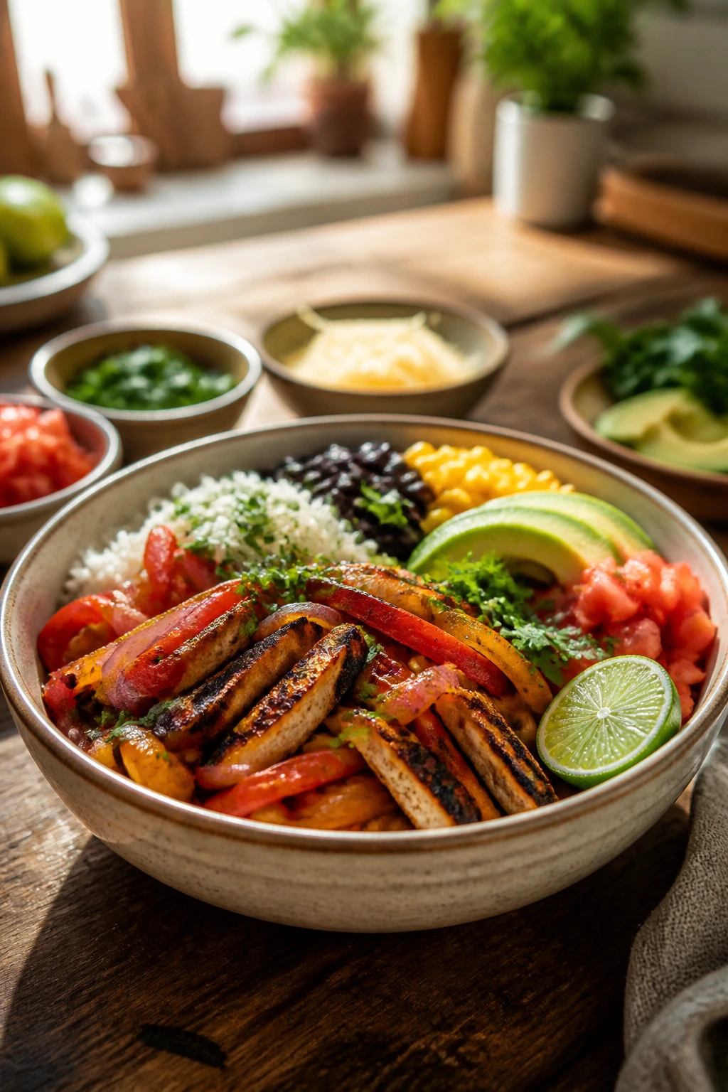 Fajita bowl with lime and herbs ready to finish in a sunny kitchen