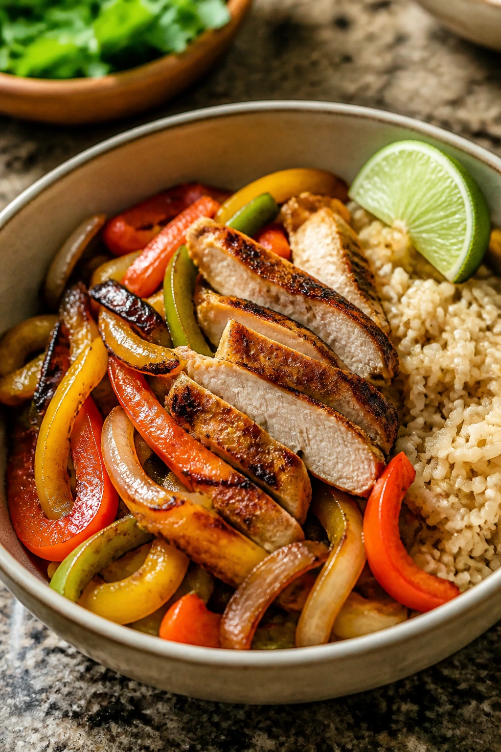 Close-up of chicken fajita bowl with peppers, onions, and brown rice