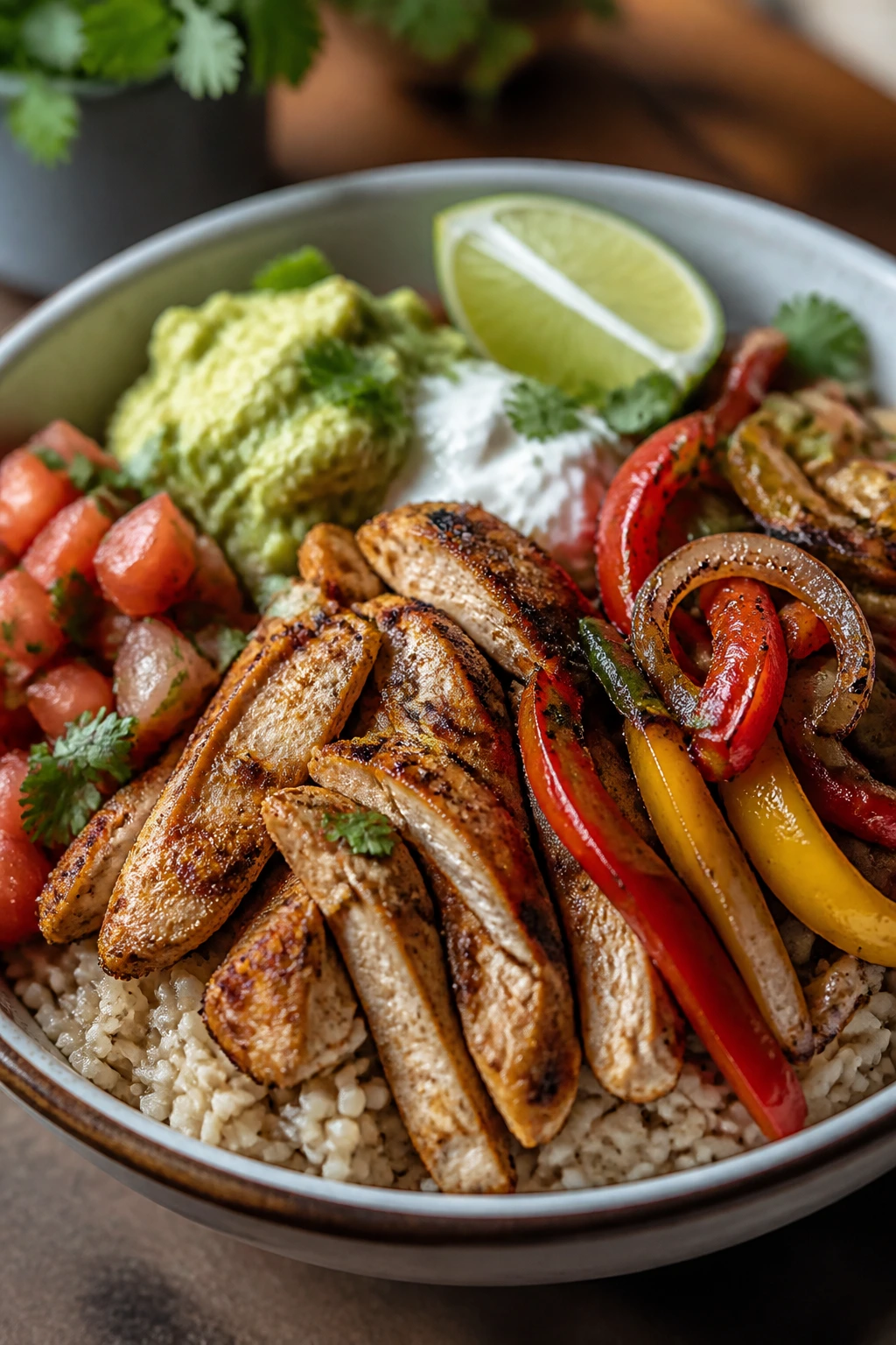 Close-up of a chicken fajita bowl with cumin-seasoned chicken, peppers, onions, and rice in a warm kitchen
