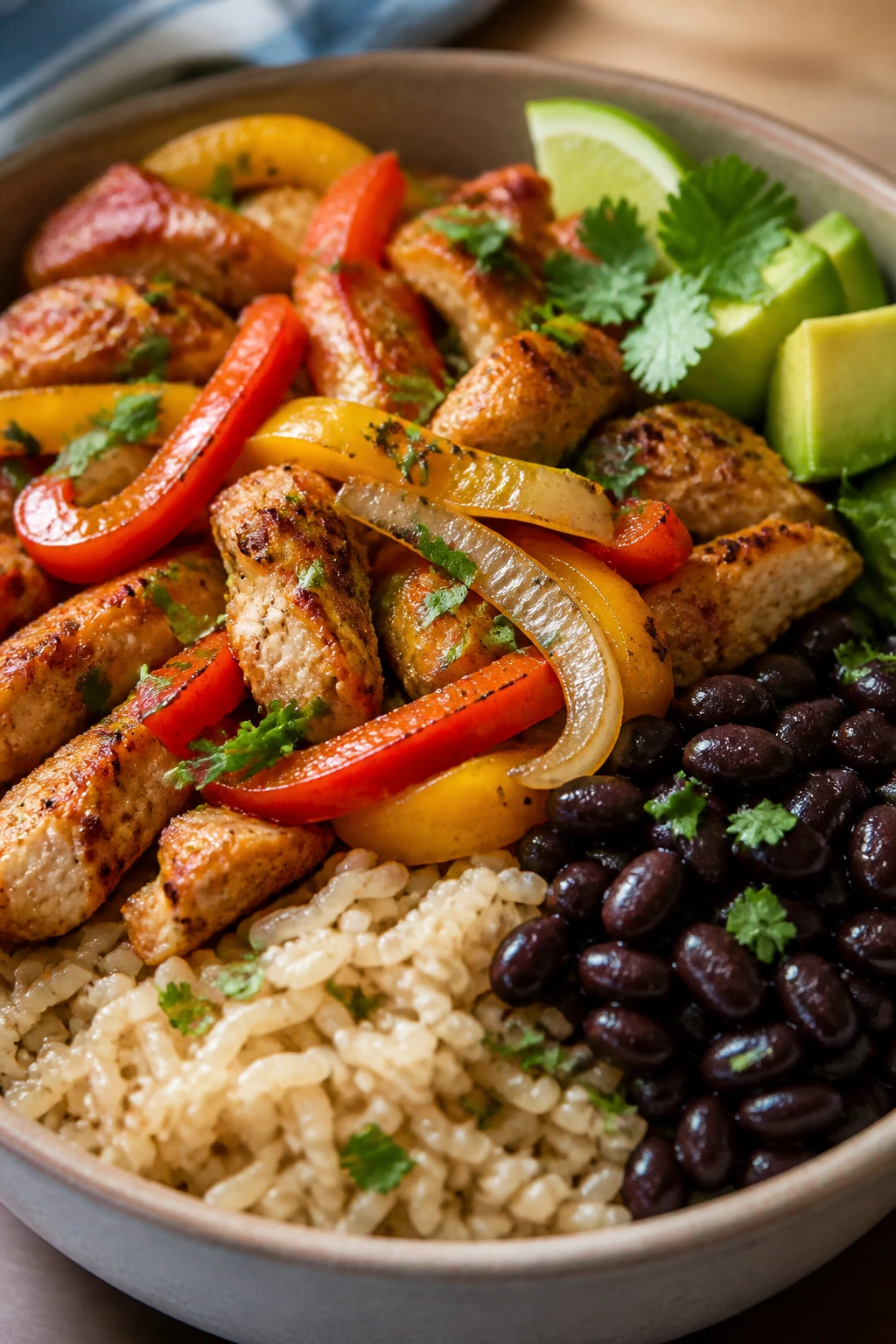 Close-up of a colorful fajita bowl with chicken, peppers, beans and rice