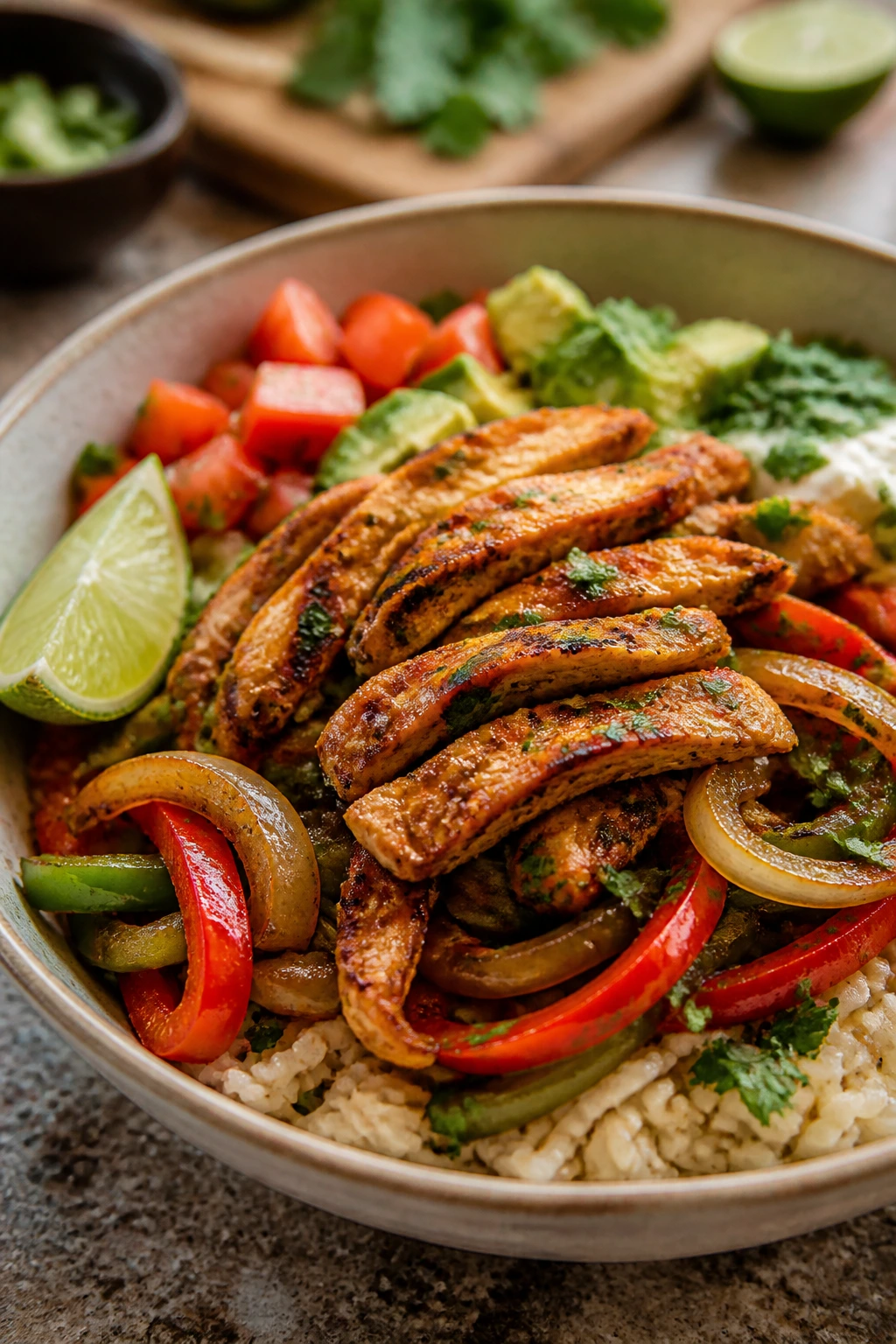 Close-up of Chicken Fajita Bowls with peppers and rice in a bright kitchen