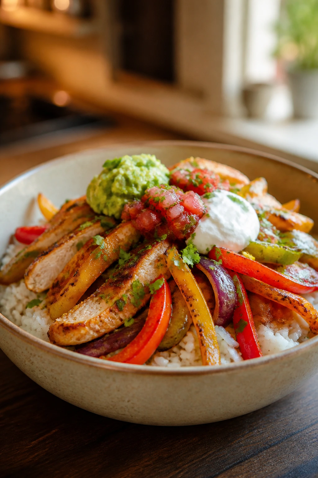 Colorful fajita bowl with chicken and peppers over rice
