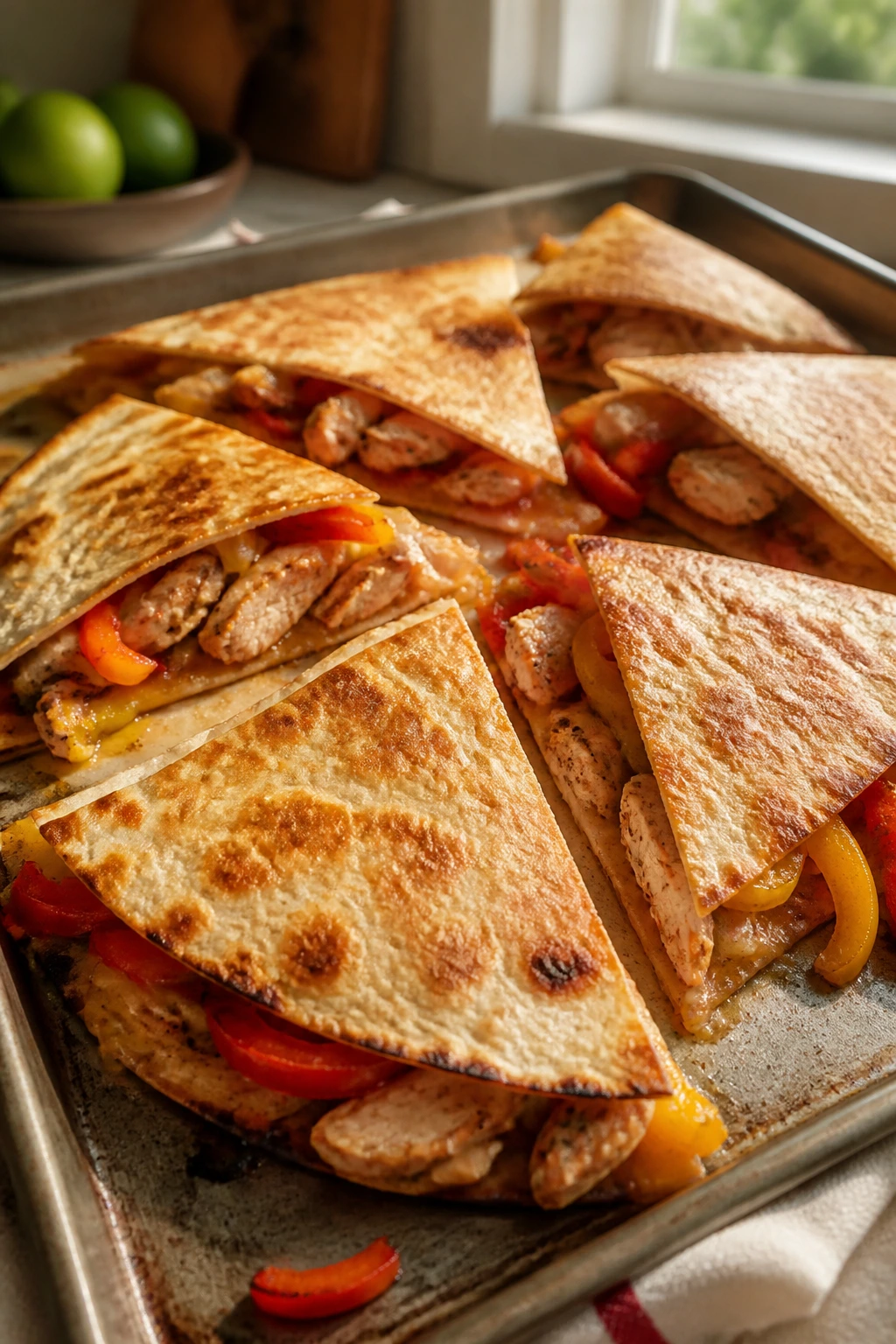 Close-up of sheet pan chicken fajita quesadillas with peppers and melted cheese