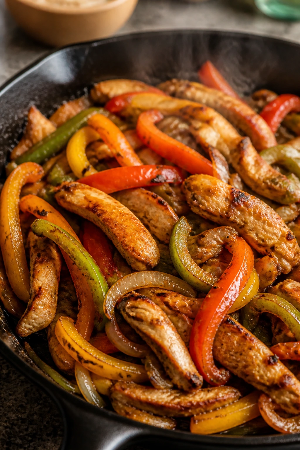 Close-up of chicken fajita with peppers and onions sizzling in a skillet