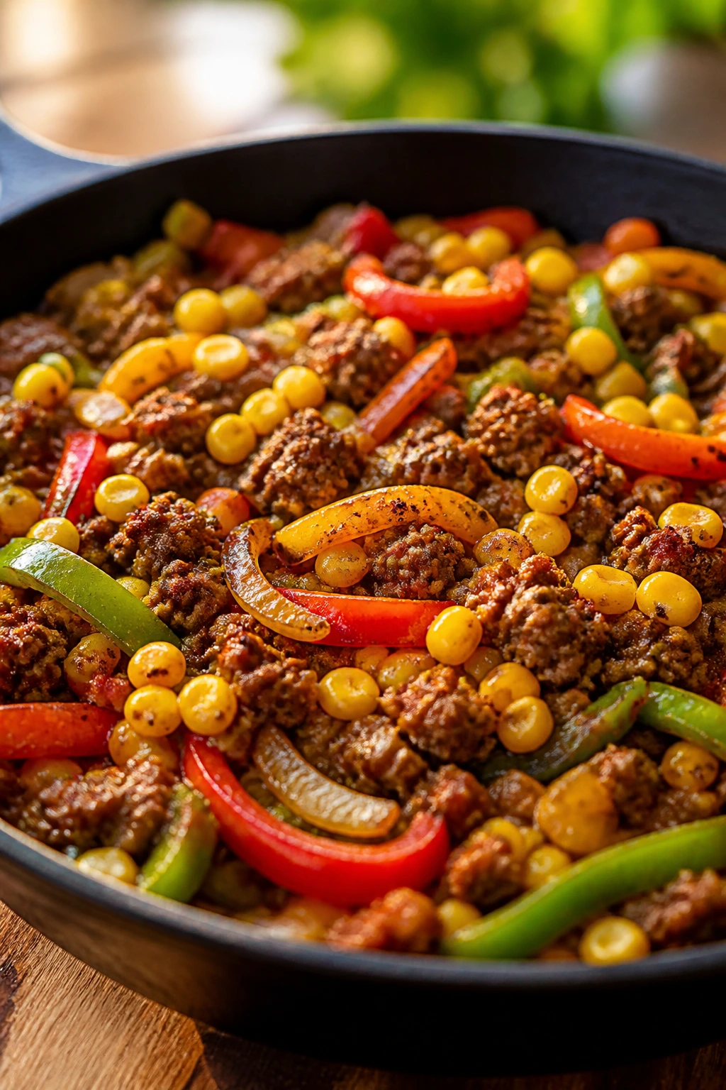 Beef and corn fajita skillet with peppers.