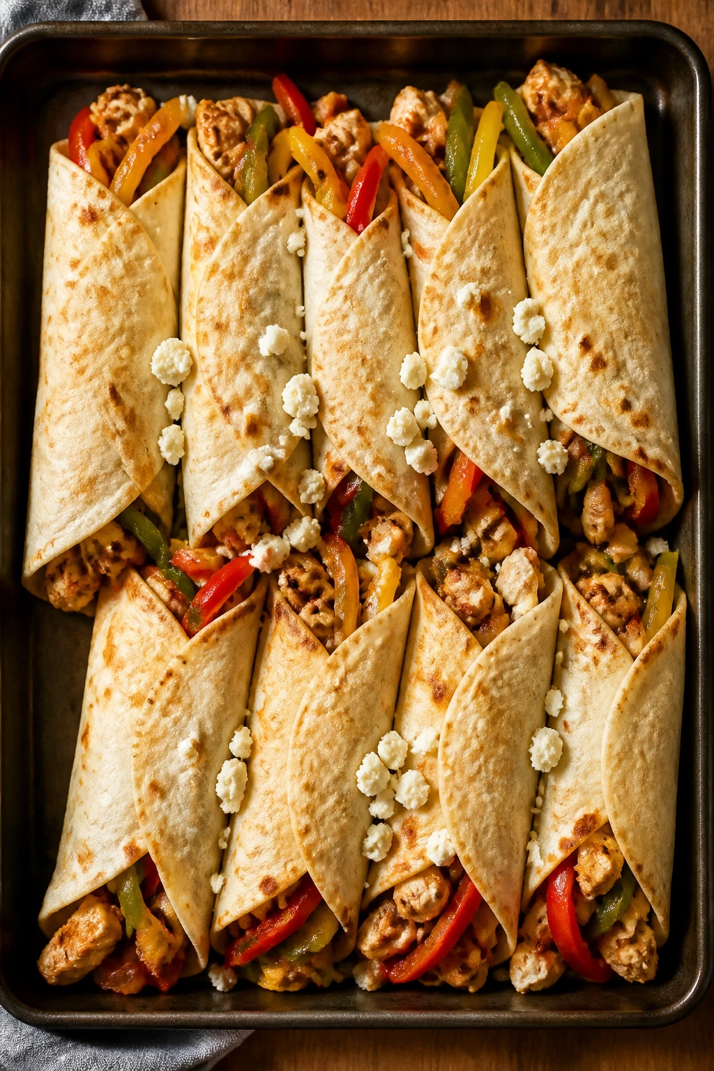 Sheet-pan chicken fajita wraps on pan