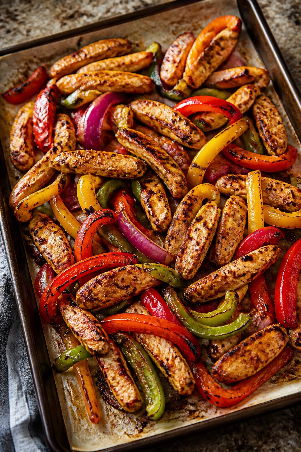 Close-up of sheet pan chicken fajitas with peppers and onions in a home kitchen