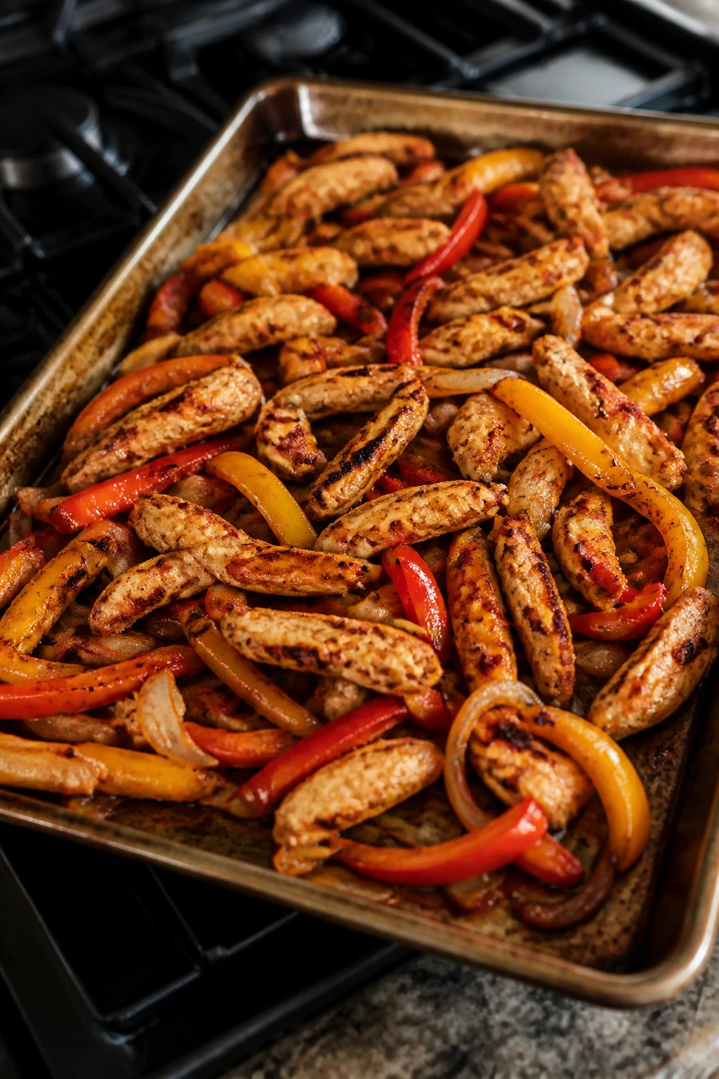 Sheet-pan chicken fajitas with peppers and onions on a metal tray in a kitchen.