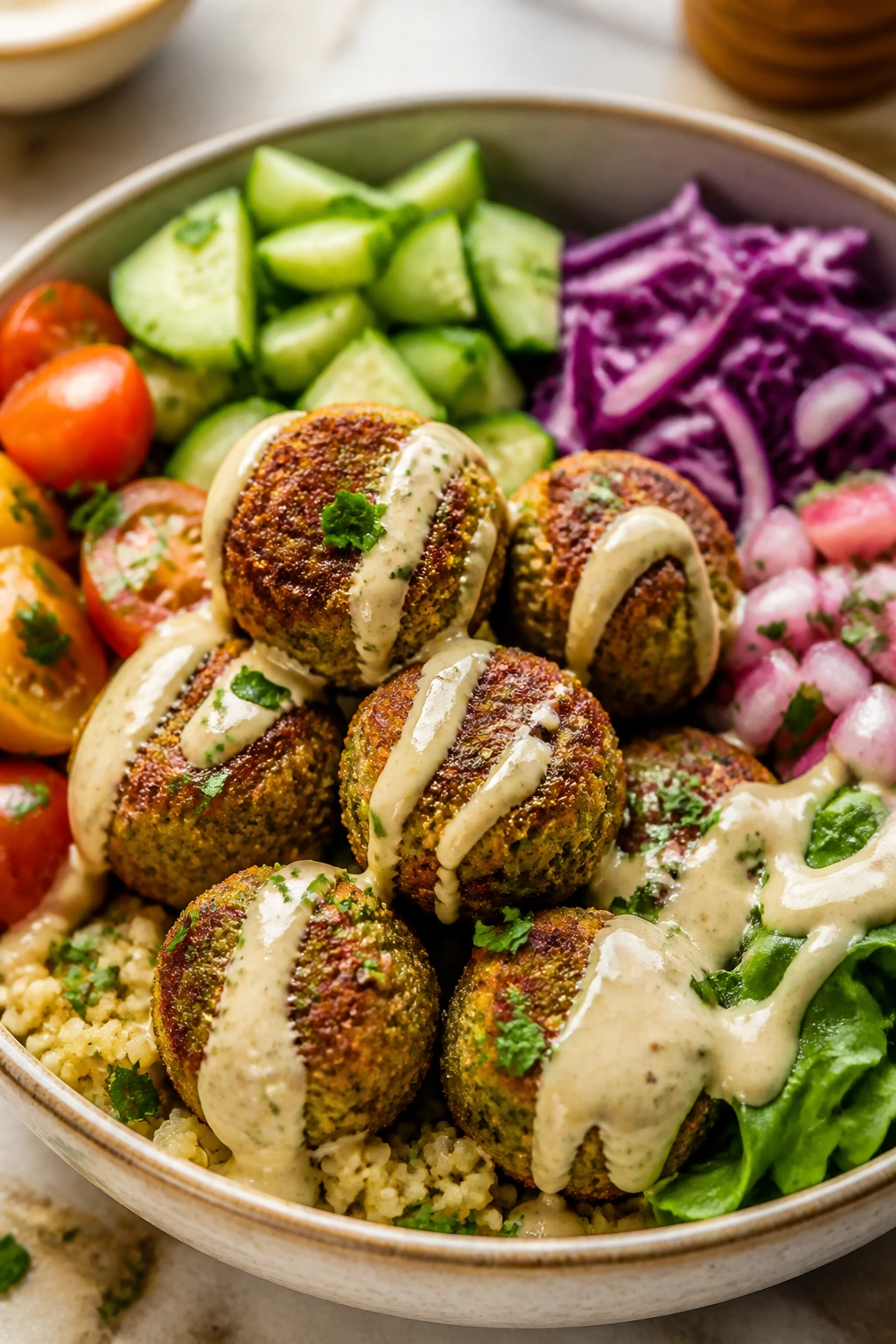 Baked falafel bowls with tahini sauce and greens