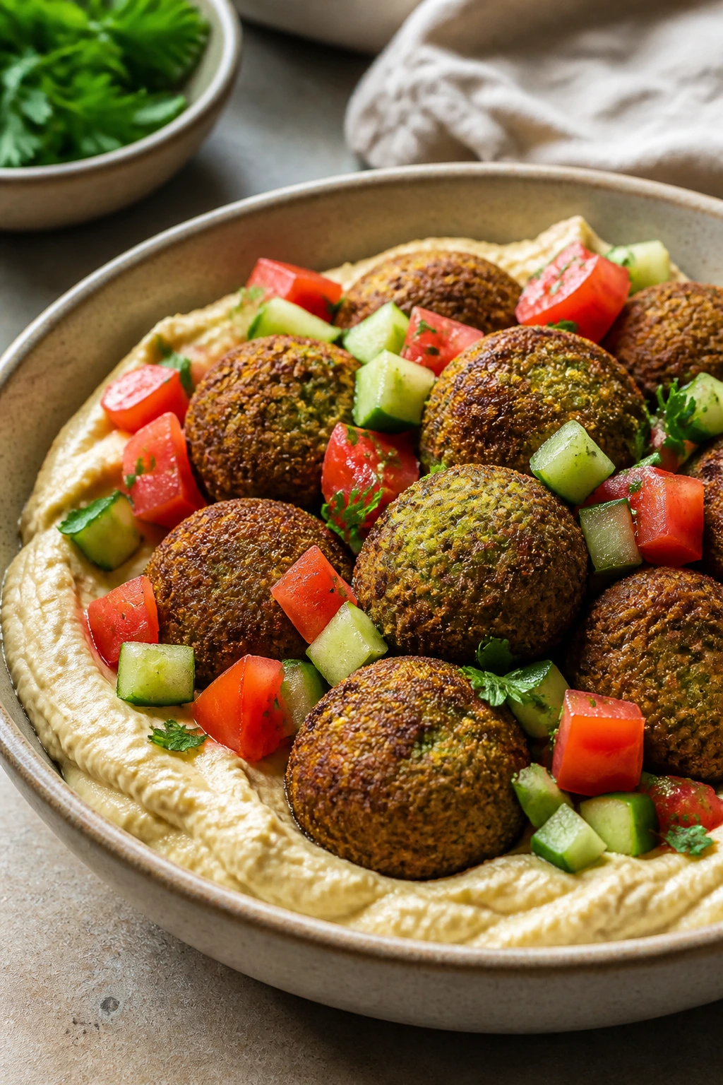Close-up of baked falafel bowls with hummus and cucumber-tomato garnish in a rustic bowl