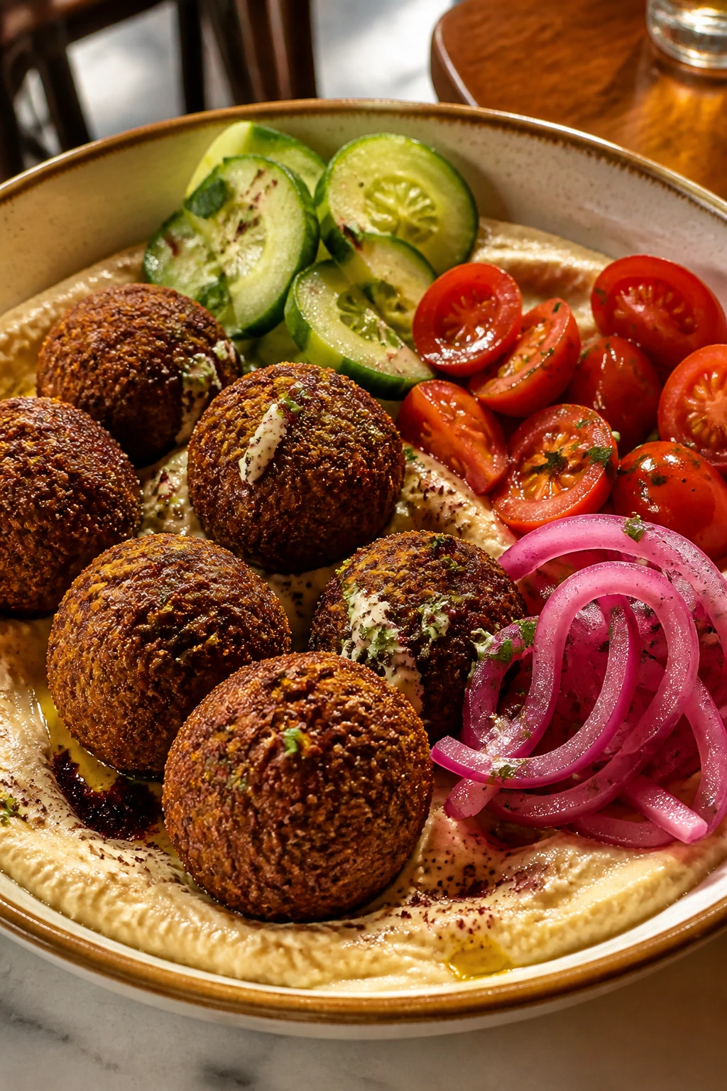 Close-up falafel hummus bowl with crisp falafel and fresh vegetables