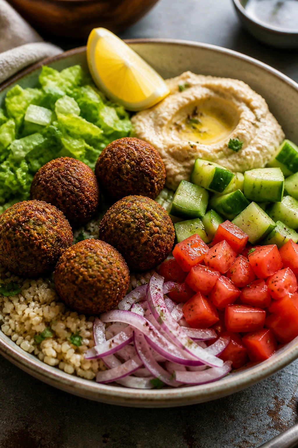 Close-up of Mediterranean Falafel Bowl with falafel, hummus, greens on rustic table